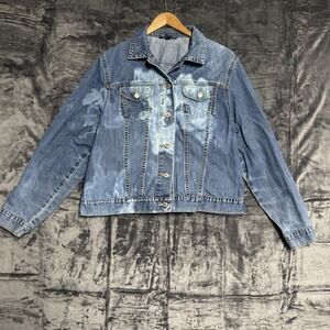 Lands'End Women's 16W - 18W Bleached Jean‎ Jacket Cotton Grunge Bohemian Artsy